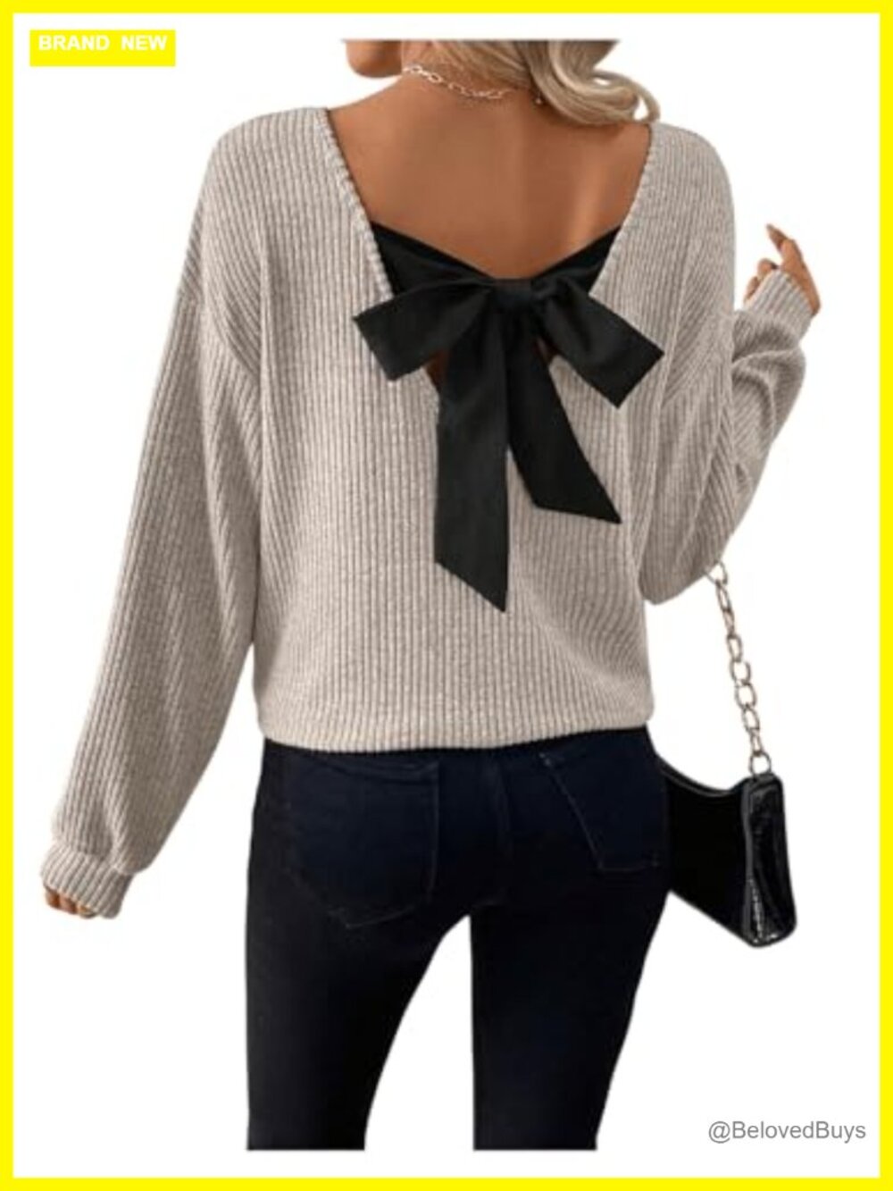 Women's Fall Tunic V-Neck Bow Back Long Sleeve Ribbed Knit Oversize Top